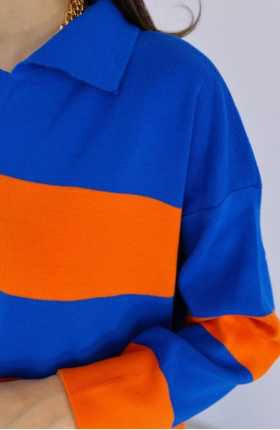 Patlı polo yaka mavi turuncu çizgili triko kazak - Thumbnail (3)